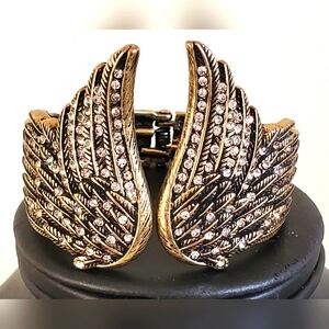 Angel Wings Large Hinged Cuff Bangle Bracelet Brass Rhinestone